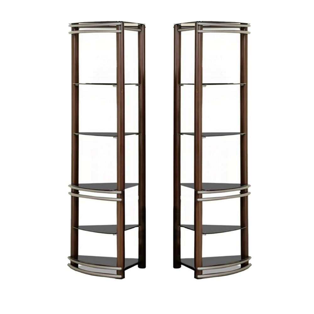 Lein 65 Inch Pier Shelf, Brown, Silver Metal Frame, Glass Shelves, Set of 2