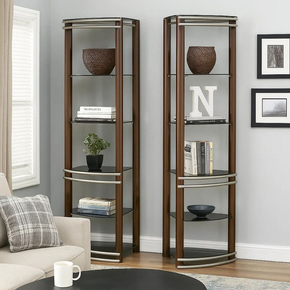 Lein 65 Inch Pier Shelf, Brown, Silver Metal Frame, Glass Shelves, Set of 2