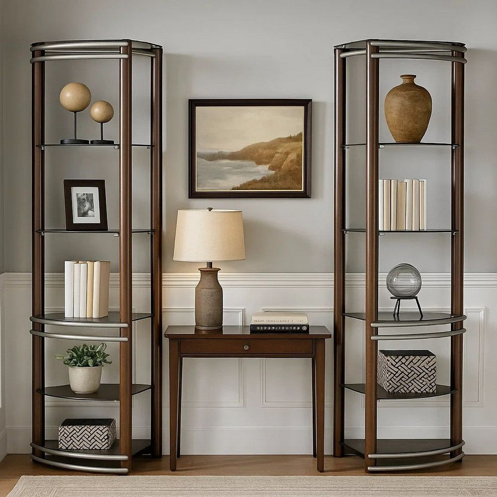 Lein 65 Inch Pier Shelf, Brown, Silver Metal Frame, Glass Shelves, Set of 2