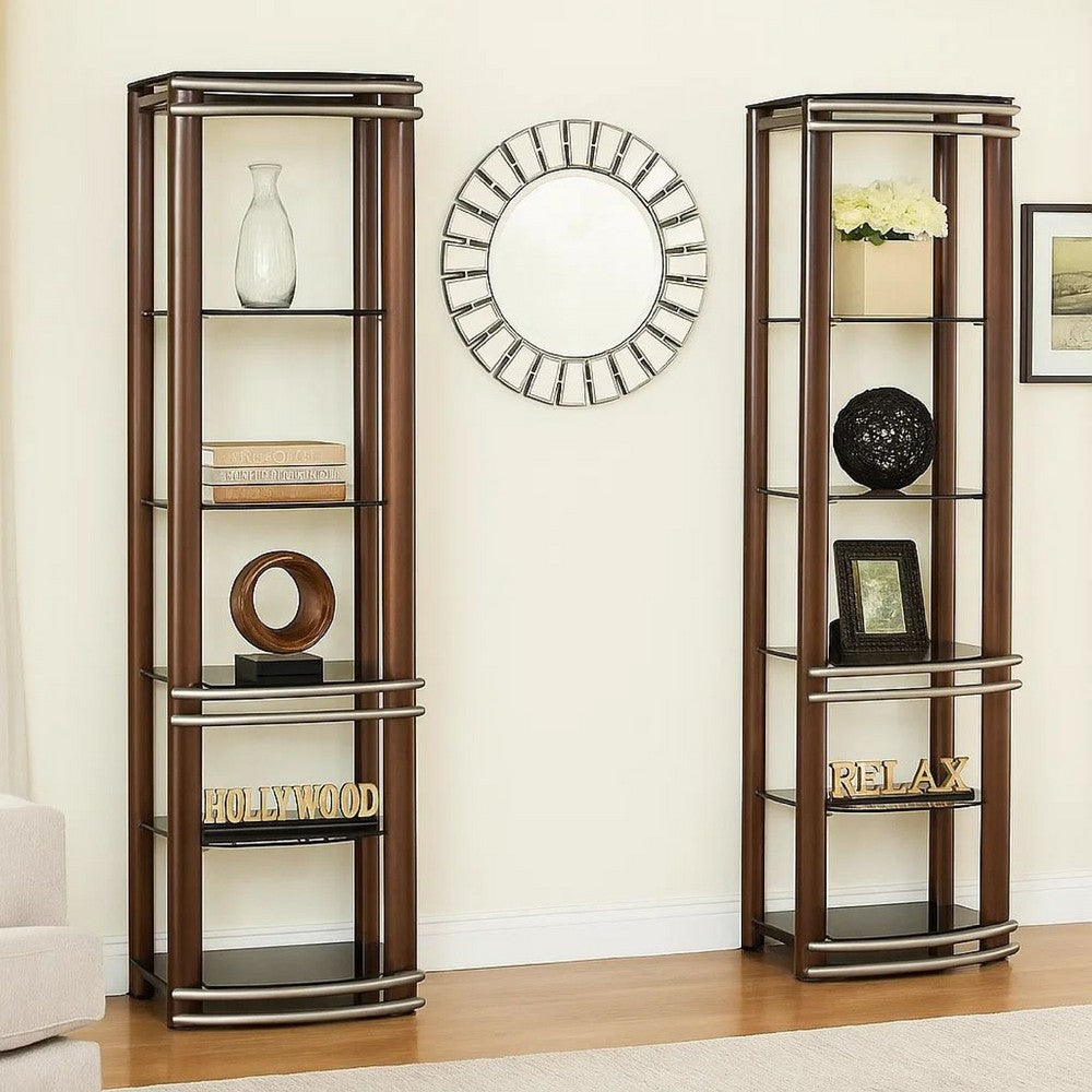 Lein 65 Inch Pier Shelf, Brown, Silver Metal Frame, Glass Shelves, Set of 2