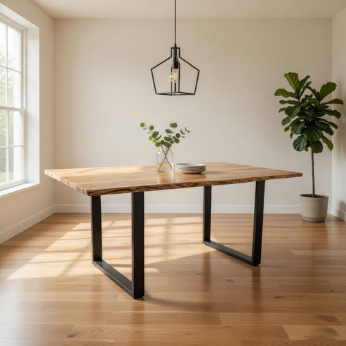 71 Inch Live Edge Dining Table, U Design Black Metal Legs, Natural Brown By Casagear Home