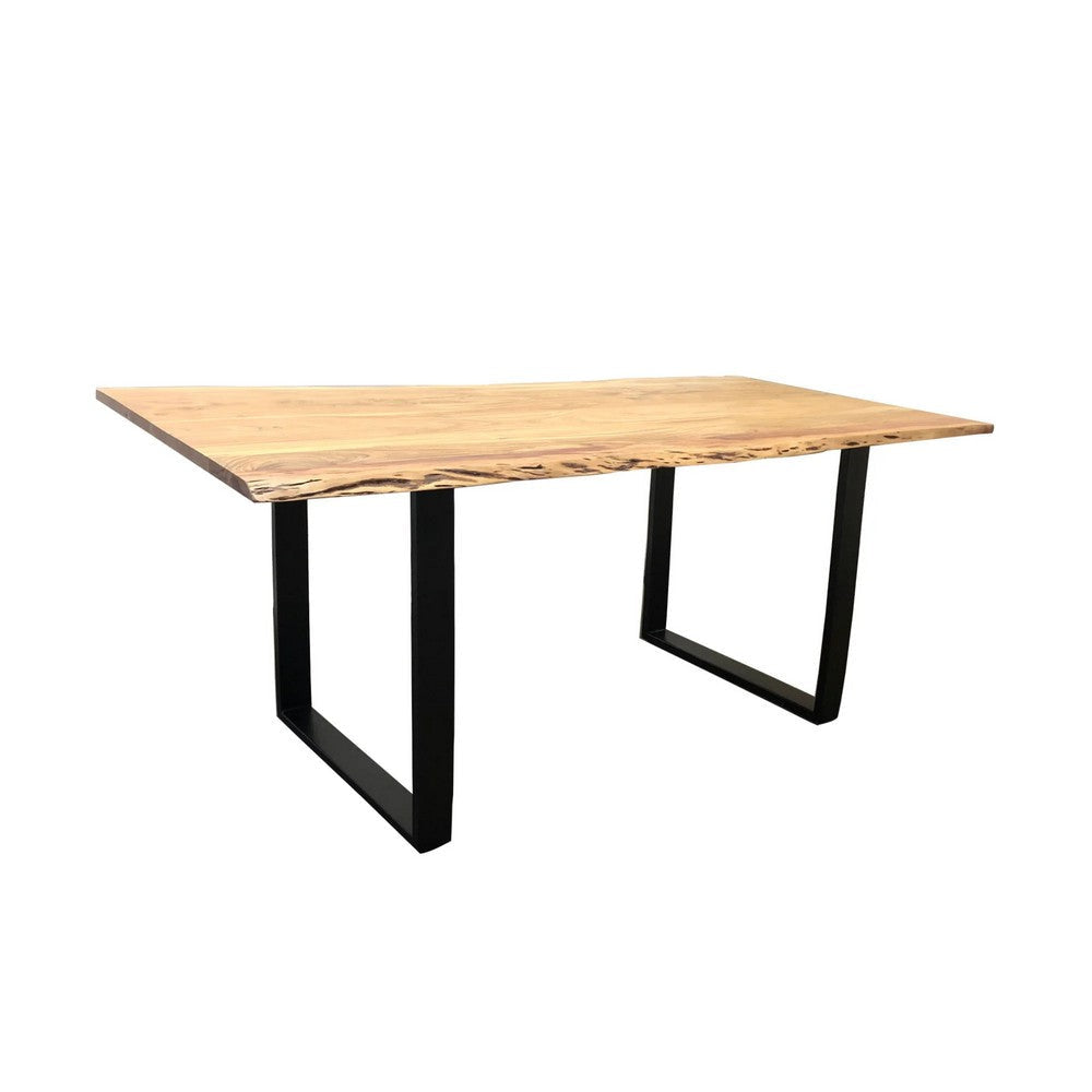 71 Inch Live Edge Dining Table, U Design Black Metal Legs, Natural Brown By Casagear Home