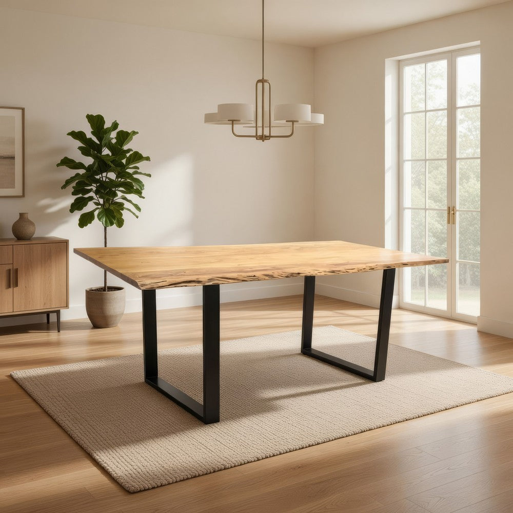 71 Inch Live Edge Dining Table, U Design Black Metal Legs, Natural Brown By Casagear Home