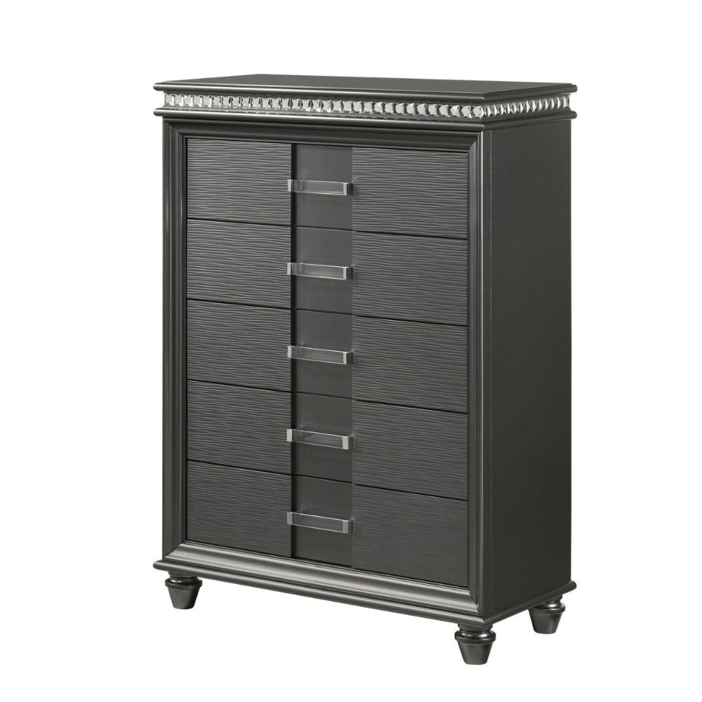 Bita 54 Inch Tall 5 Drawer Dresser Chest Faux Diamond Trim Gray Wood By Casagear Home BM300831