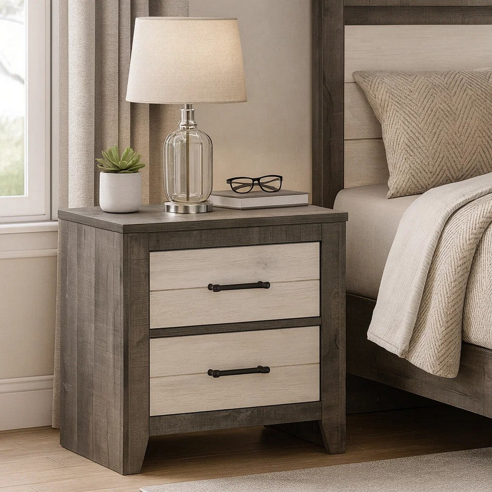 Yaz 25" 2 Drawer Nightstand, Bar Handles, White and Gray By Casagear Home