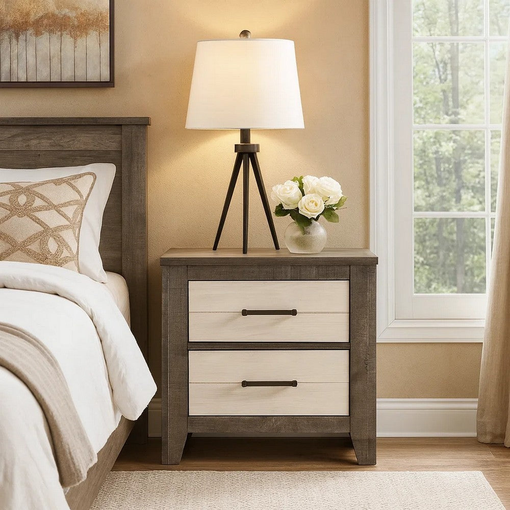 Yaz 25" 2 Drawer Nightstand, Bar Handles, White and Gray By Casagear Home