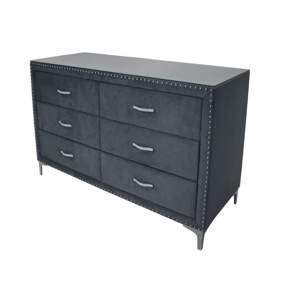 Moha 60 Inch Wide 6 Drawer Dresser Glass Top Gray Velvet Upholstered By Casagear Home BM300835