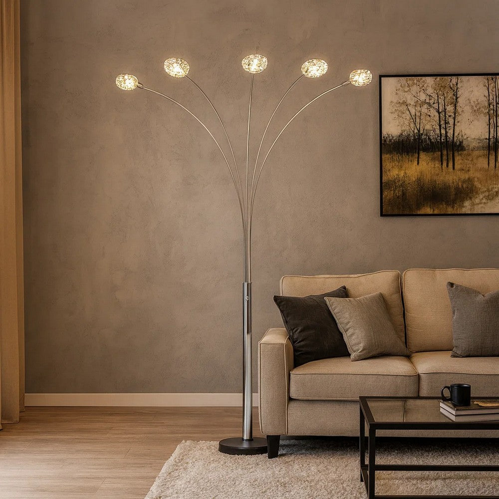 Arya 94" 5 Light Arc Floor Lamp, Crystal Accents, Chrome By Casagear Home