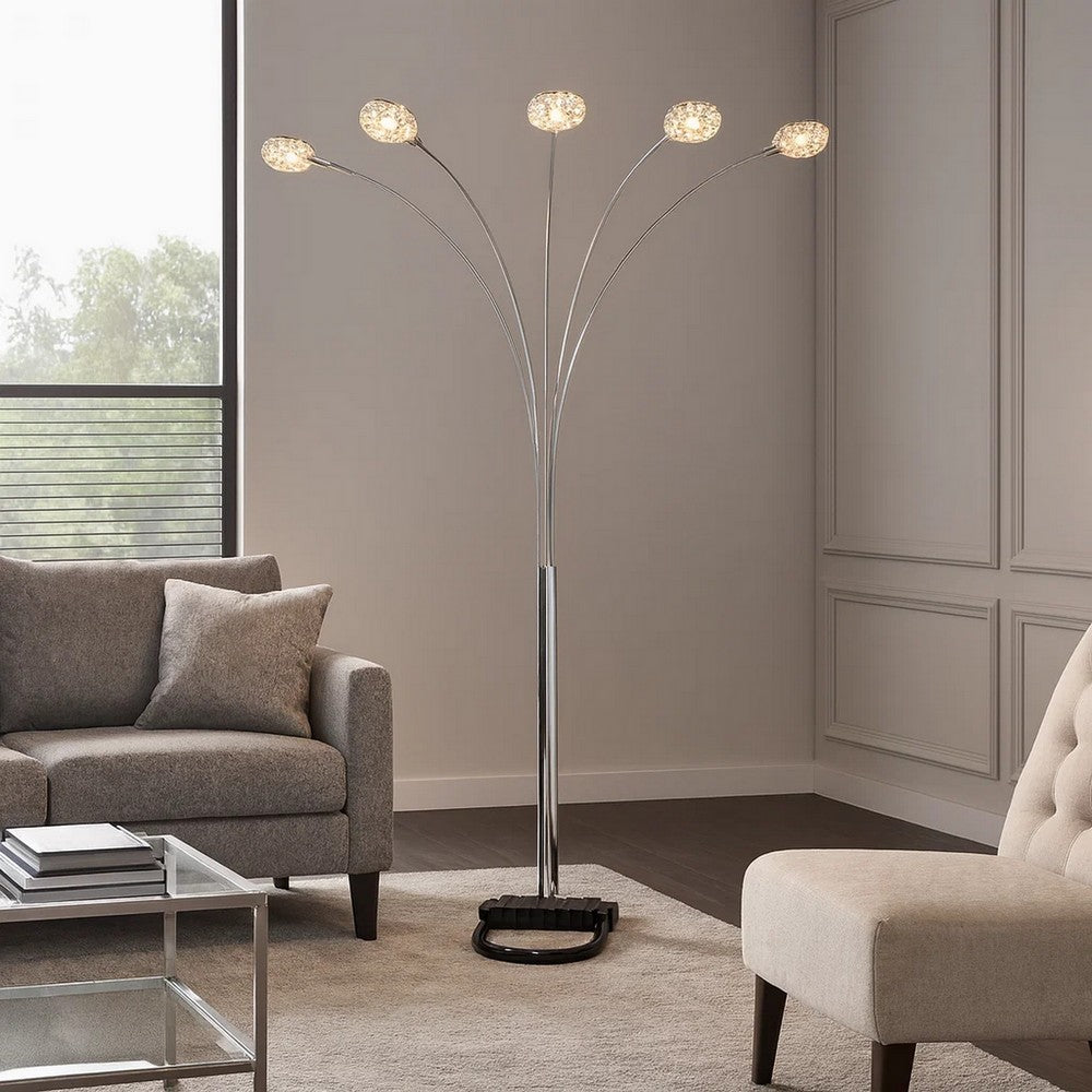 Arya 94" 5 Light Arc Floor Lamp, Crystal Accents, Chrome By Casagear Home