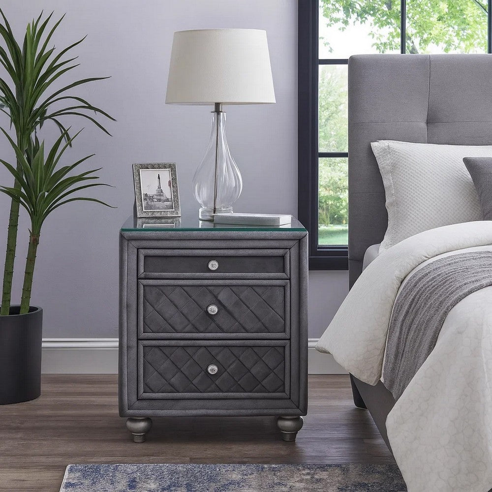 Yin 30" 3 Drawer Nightstand, Crystal Knobs, Gray Velvet By Casagear Home