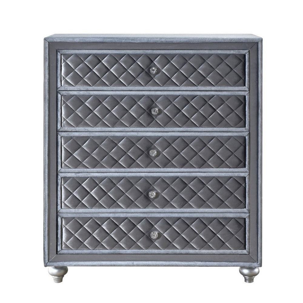 Rall 49 Inch Tall 5 Drawer Dresser Chest Crystal Knobs Smooth Gray Velvet BM300869