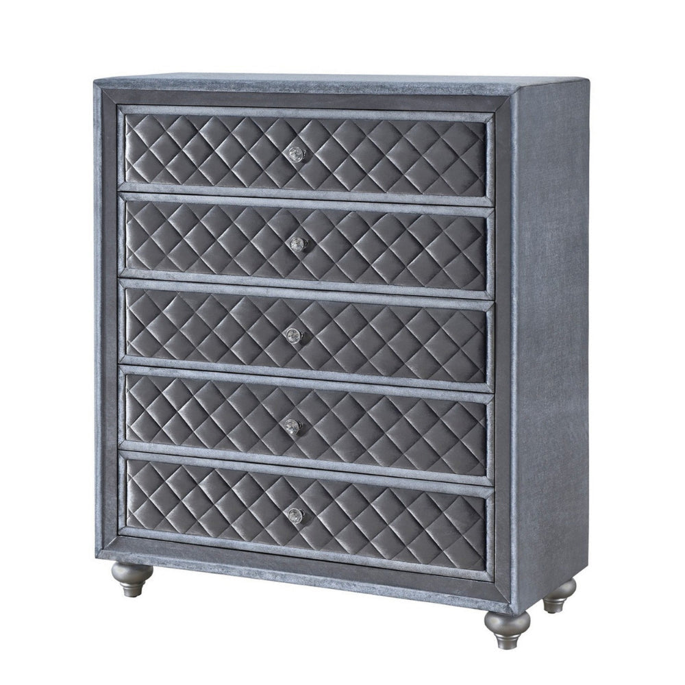 Rall 49 Inch Tall 5 Drawer Dresser Chest Crystal Knobs Smooth Gray Velvet BM300869
