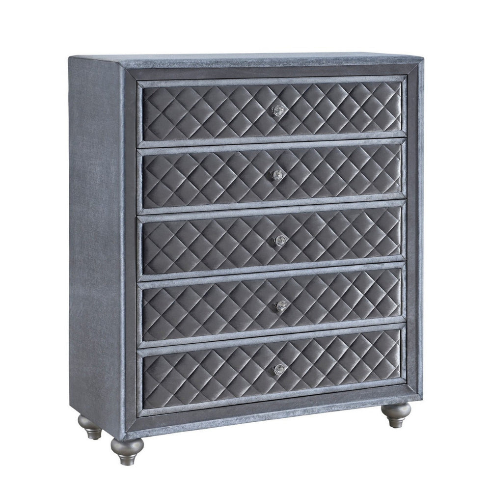 Rall 49 Inch Tall 5 Drawer Dresser Chest, Crystal Knobs, Smooth Gray Velvet