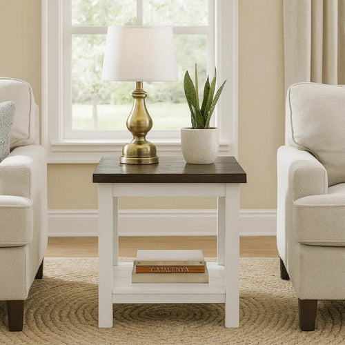 Mon 24" End Table, Bottom Shelf, Brown Top, White Frame By Casagear Home