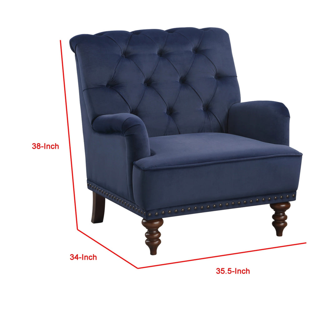 Parry 34 Inch Tufted Accent Chair Blue Velvet Fabric Brown Turned Legs By Casagear Home BM300941