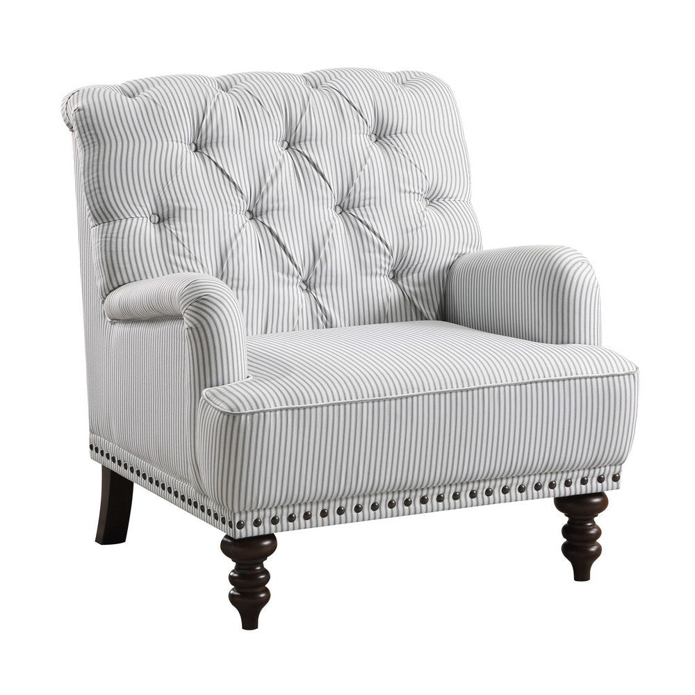 Parry 34 Inch Tufted Accent Chair, Gray White Striped Fabric, Turned Legs By Casagear Home