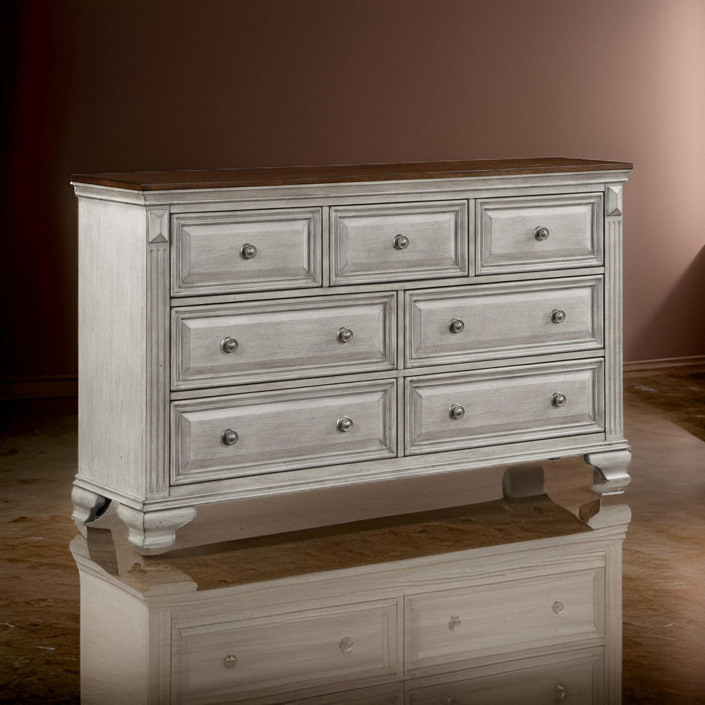 Kova 65 Inch Dual Tone Dresser, 7 Drawers, Routed Pilasters, Gray, Brown By Casagear Home