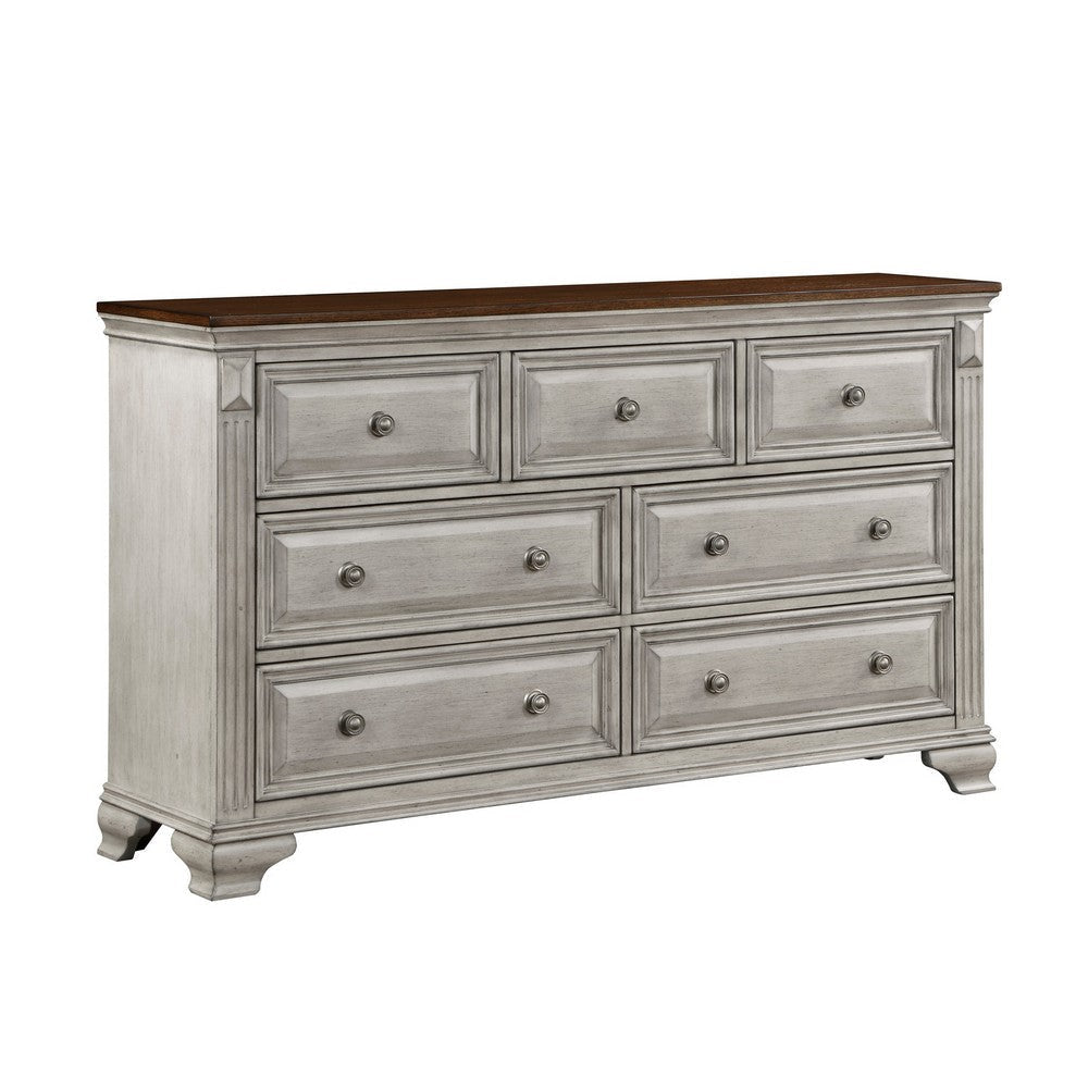 Kova 65 Inch Dual Tone Dresser, 7 Drawers, Routed Pilasters, Gray, Brown By Casagear Home