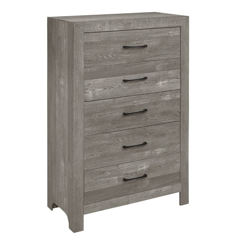 48 Inch Tall Dresser Chest, Gray Wood, Black Nickel Bar Handles, 5 Drawers