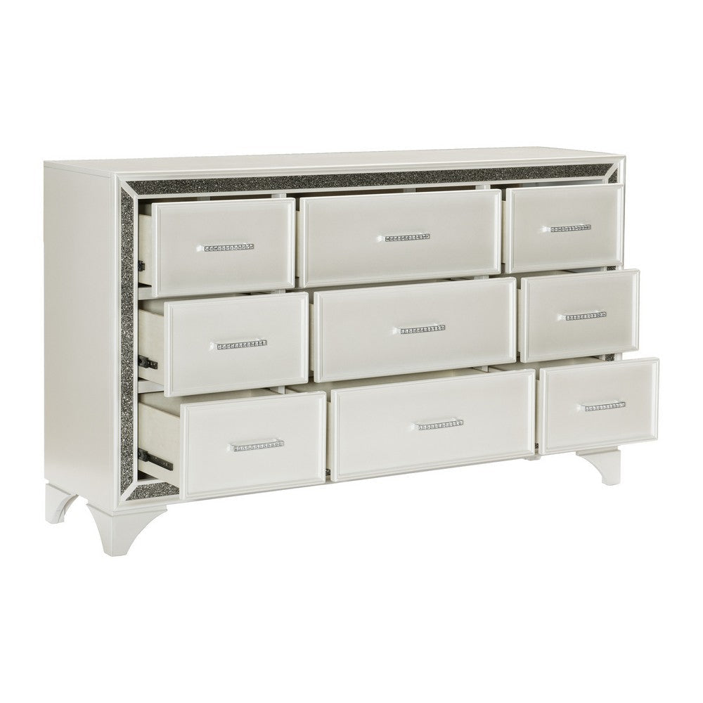 Oro 64 Inch Dresser 9 Drawers Silver Trim Chrome Bar Handles White By Casagear Home BM300973