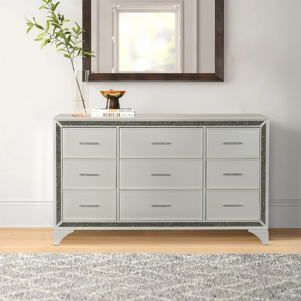 Oro 64 Inch Dresser 9 Drawers Silver Trim Chrome Bar Handles White By Casagear Home BM300973