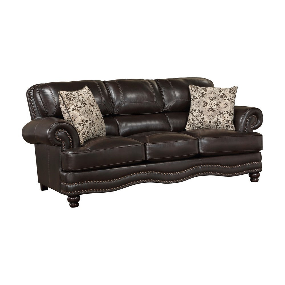 Rhea 88 Inch Accent Sofa, Brown Vegan Faux Leather, Nailhead Trim Accent By Casagear Home