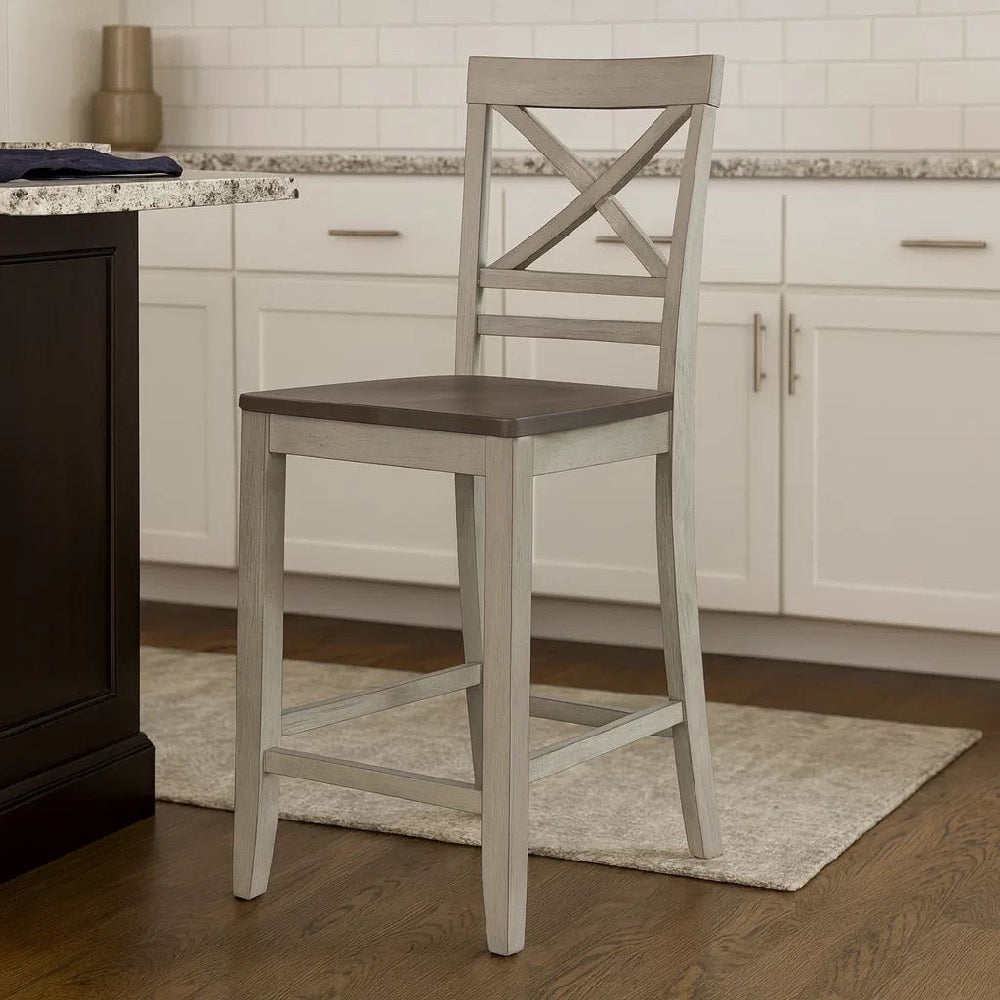 Brian 23" Set of 2 Counter Chairs, Crossbuck Backrest, Gray, Brown by Casagear Home