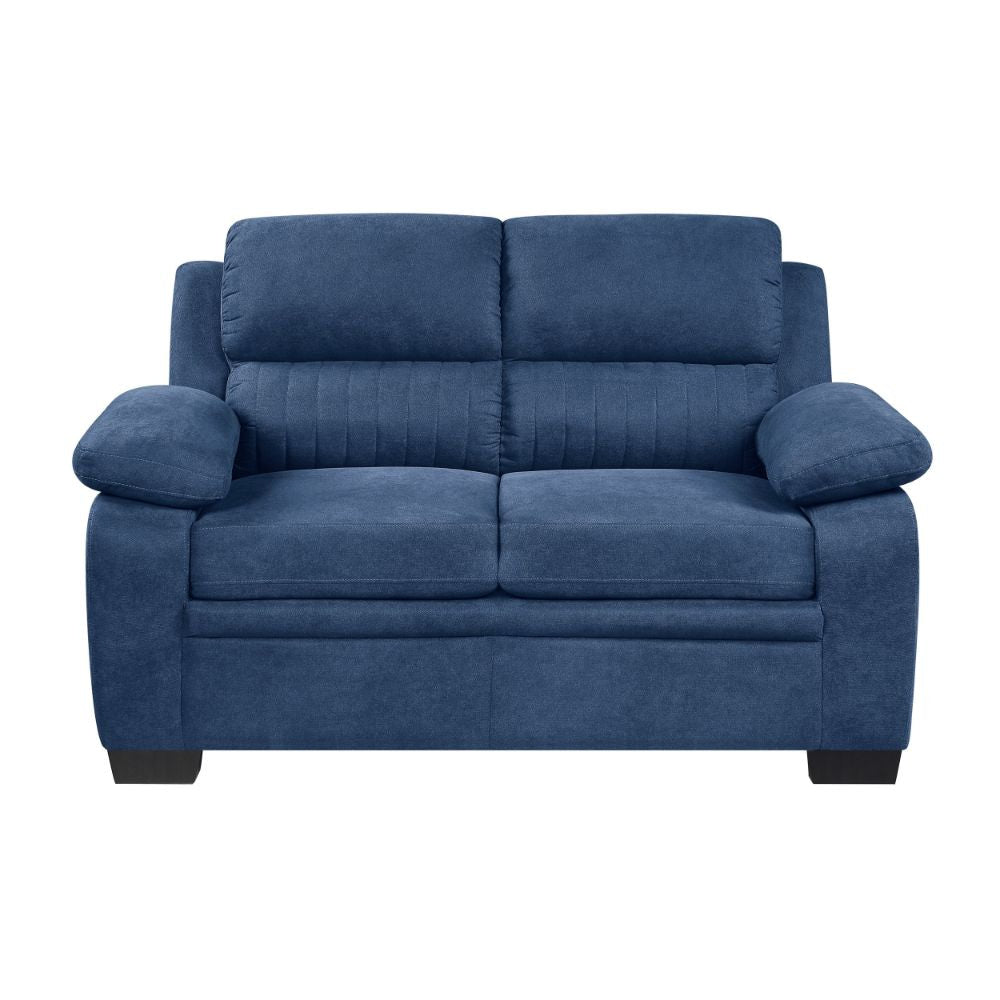 Hugh 58 Inch Loveseat Blue Fabric Pillow Armrests Channel Tufted Back By Casagear Home BM301136