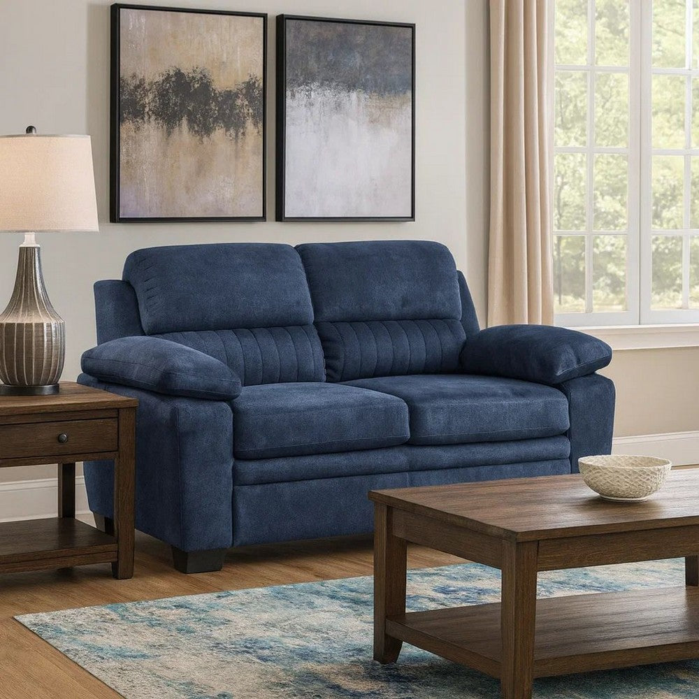 Hugh 58 Inch Loveseat, Blue Fabric, Pillow Armrests, Channel Tufted Back By Casagear Home