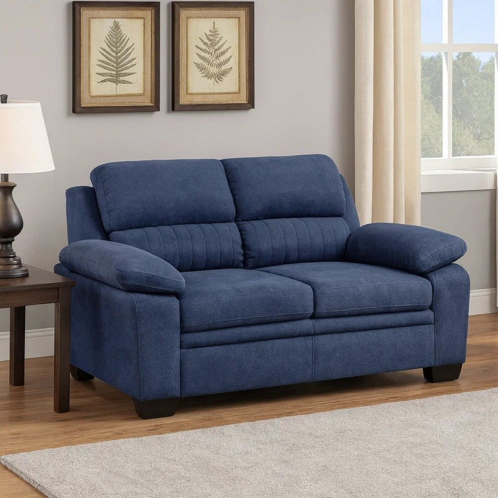 Hugh 58 Inch Loveseat, Blue Fabric, Pillow Armrests, Channel Tufted Back By Casagear Home