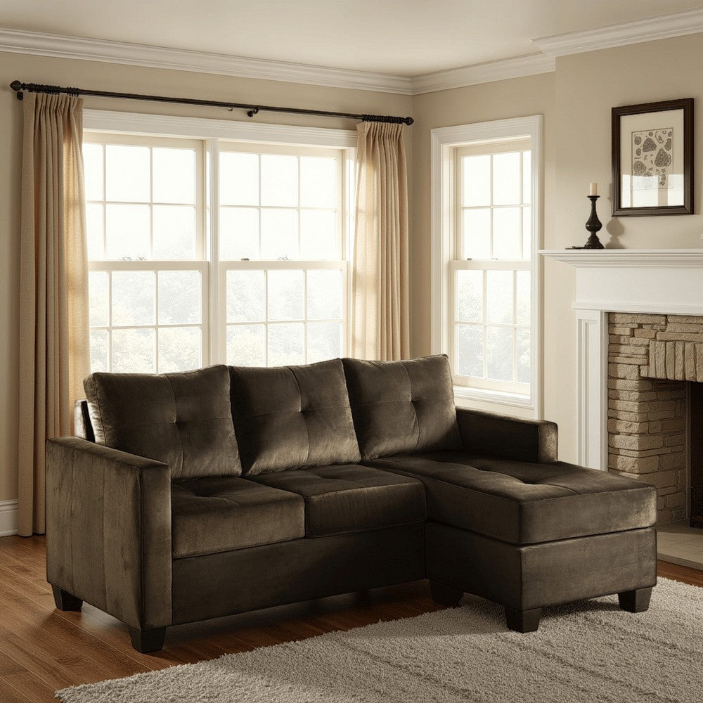 78 Inch Reversible L Shape Sofa Chaise Lounger, Brown Microfiber Fabric By Casagear Home