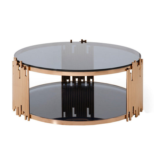 39 Inch Modern Coffee Table, 2 Tier Design, Glass Top, Rose Gold Metal