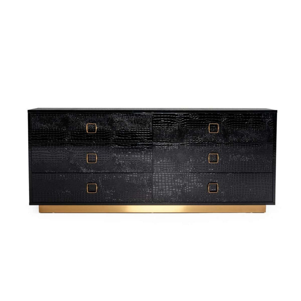 Hart 63 Inch Dresser 6 Drawers Crocodile Skin Texture Lacquer Black By Casagear Home BM301316