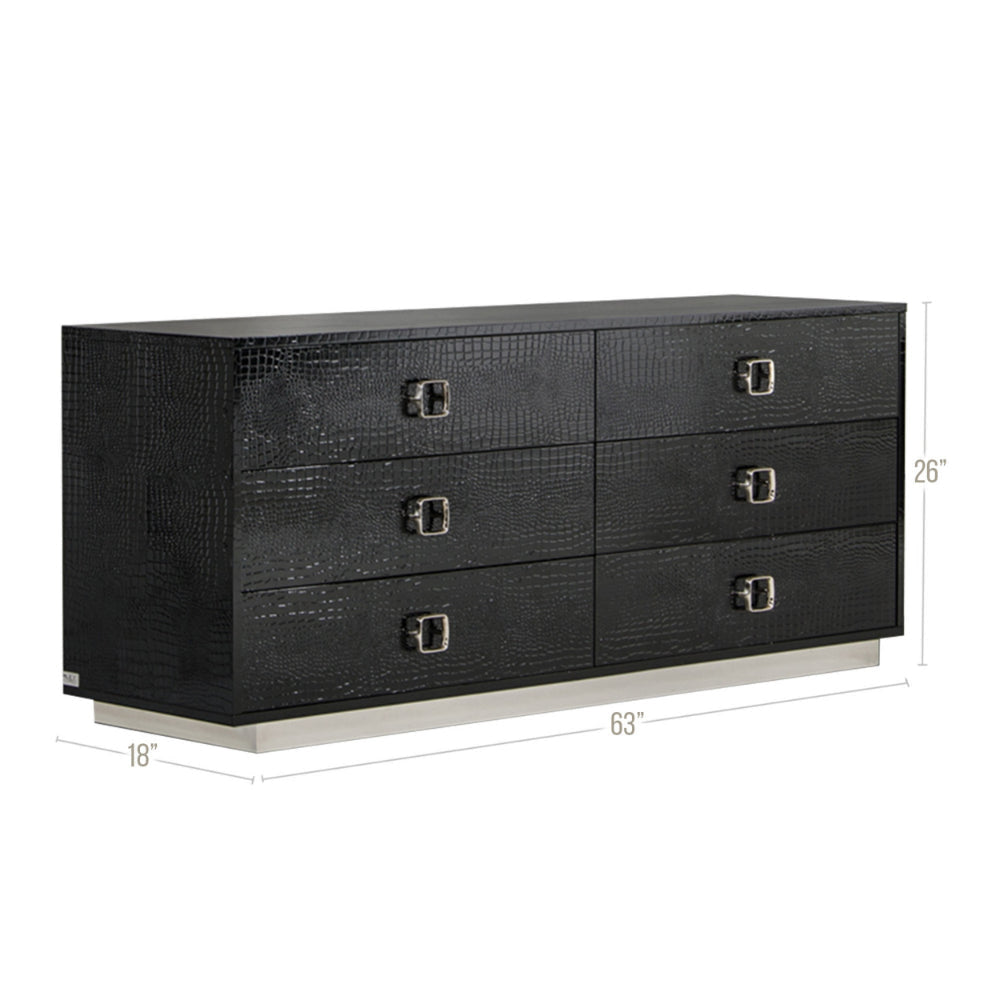 Hart 63 Inch Dresser 6 Drawers Crocodile Skin Texture Lacquer Black By Casagear Home BM301316