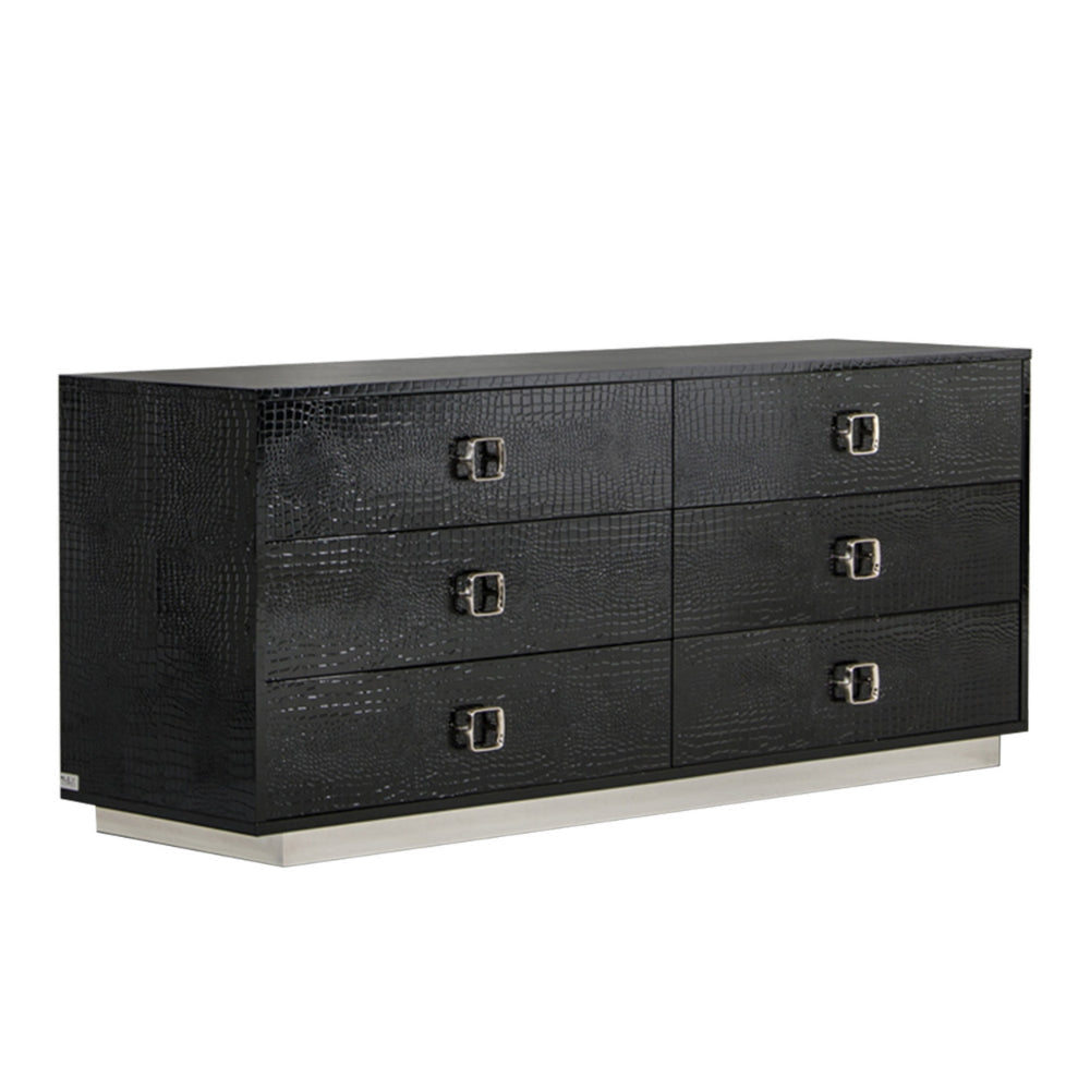 Hart 63 Inch Dresser, 6 Drawers, Crocodile Skin Texture, Lacquer, Black By Casagear Home