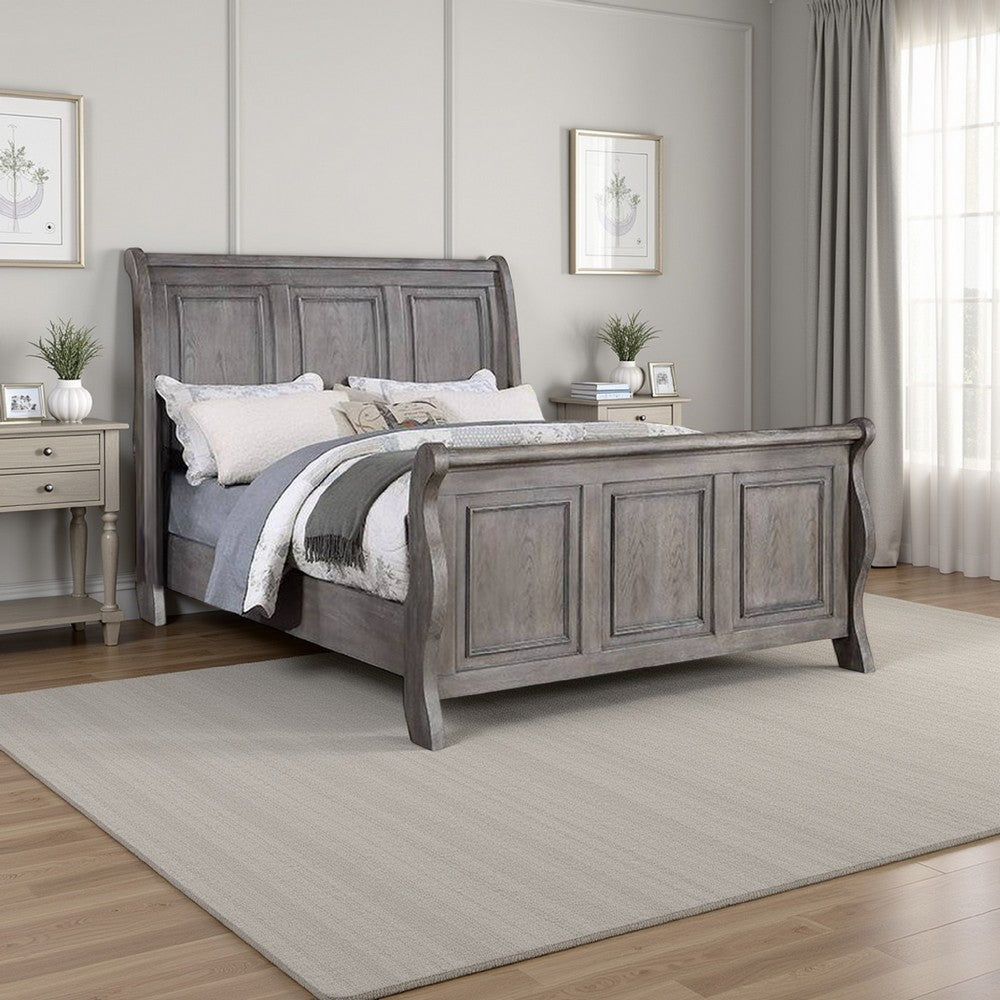 Demi California King Bed, Sleigh Headboard, Panel Molding, Oak Gray Wood By Casagear Home