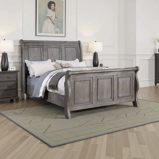 Demi King Size Bed, Sleigh Headboard, Tri Panel Molding, Oak Gray Wood By Casagear Home