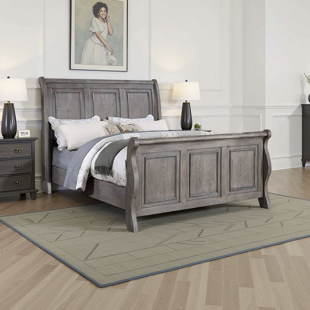 Demi King Size Bed, Sleigh Headboard, Tri Panel Molding, Oak Gray Wood By Casagear Home