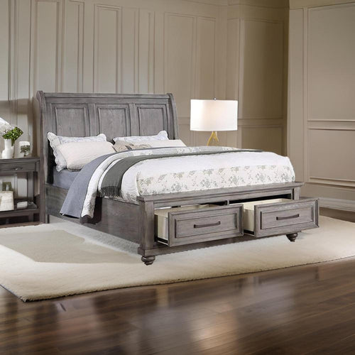 Demi California King Bed, Sleigh Headboard, Storage Drawers, Oak Gray Wood By Casagear Home