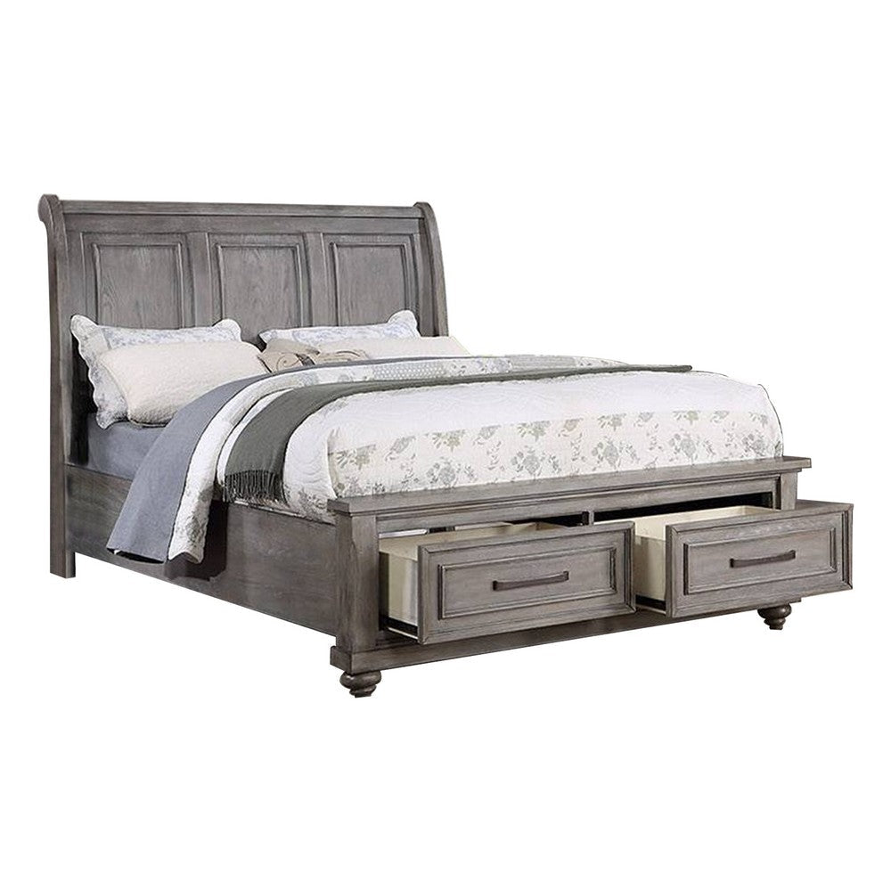 Demi California King Bed, Sleigh Headboard, Storage Drawers, Oak Gray Wood By Casagear Home