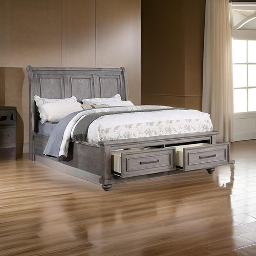 Demi King Size Bed, Sleigh Headboard, 2 Storage Drawers, Oak Gray Wood By Casagear Home