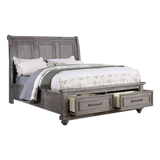 Demi King Size Bed, Sleigh Headboard, 2 Storage Drawers, Oak Gray Wood By Casagear Home