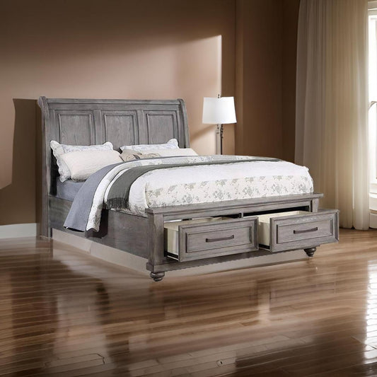 Demi Queen Size Bed, Sleigh Headboard, 2 Storage Drawers, Oak Gray Wood By Casagear Home
