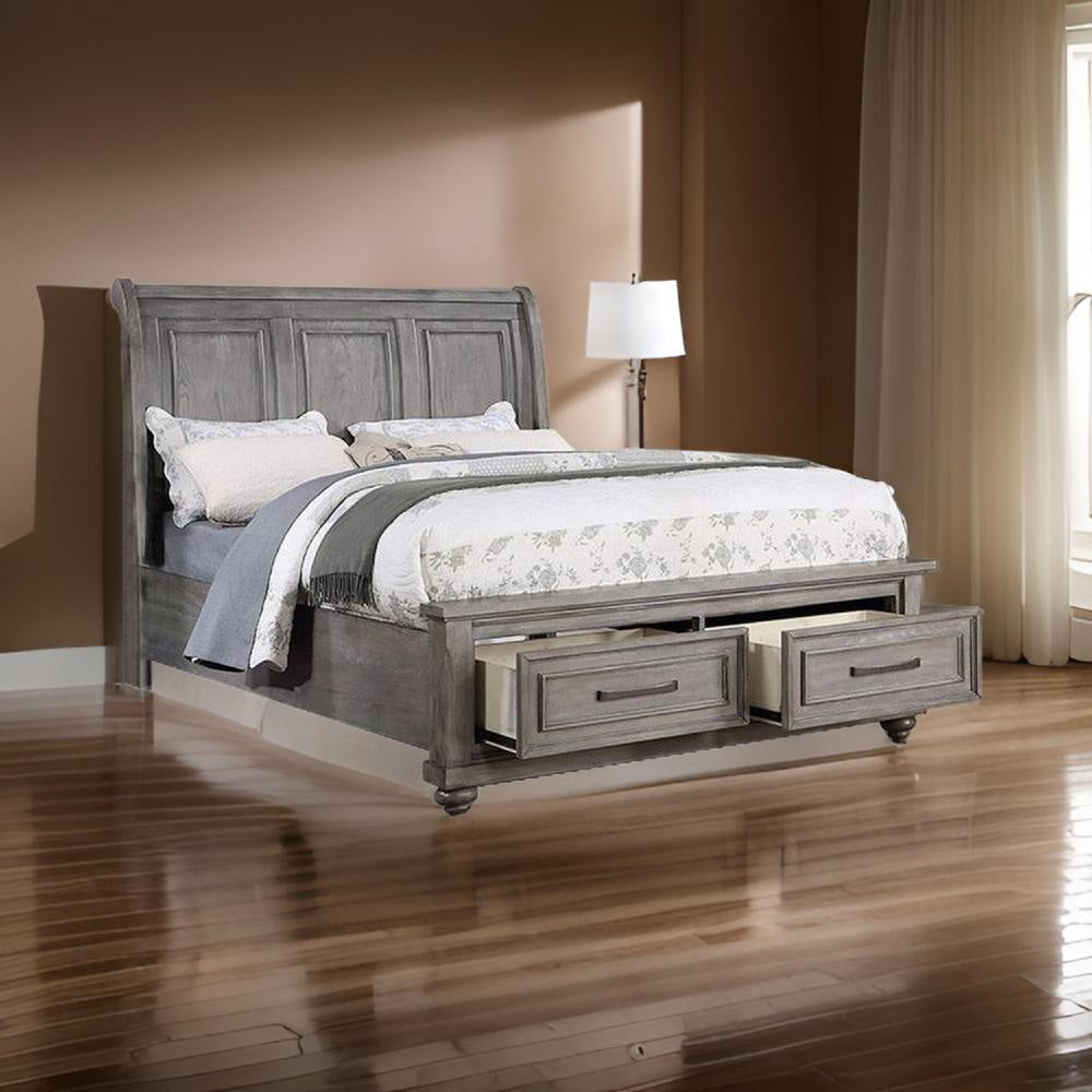 Demi Queen Size Bed, Sleigh Headboard, 2 Storage Drawers, Oak Gray Wood By Casagear Home