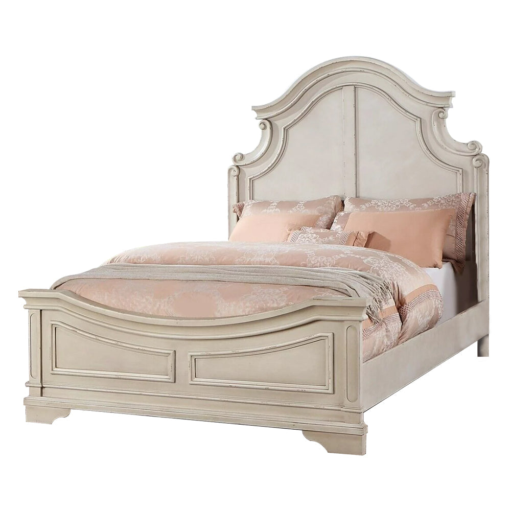 Bev Classic Queen Size Bed with Scalloped and Trimmed Design, Cream White By Casagear Home