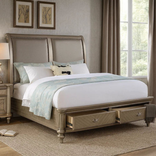 Ella Modern King Size Bed, Faux Leather Upholstery, 2 Storage Drawers, Gold