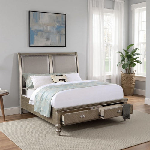 Ella Modern Queen Bed, Faux Leather Upholstery, 2 Storage Drawers, Gold