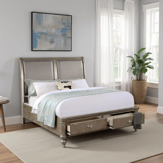 Ella Modern Queen Bed, Faux Leather Upholstery, 2 Storage Drawers, Gold