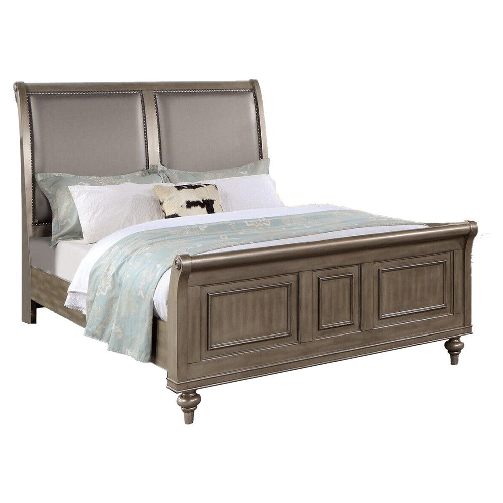 Ella Modern California King Bed, Faux Leather Upholstery, Nailhead, Gold