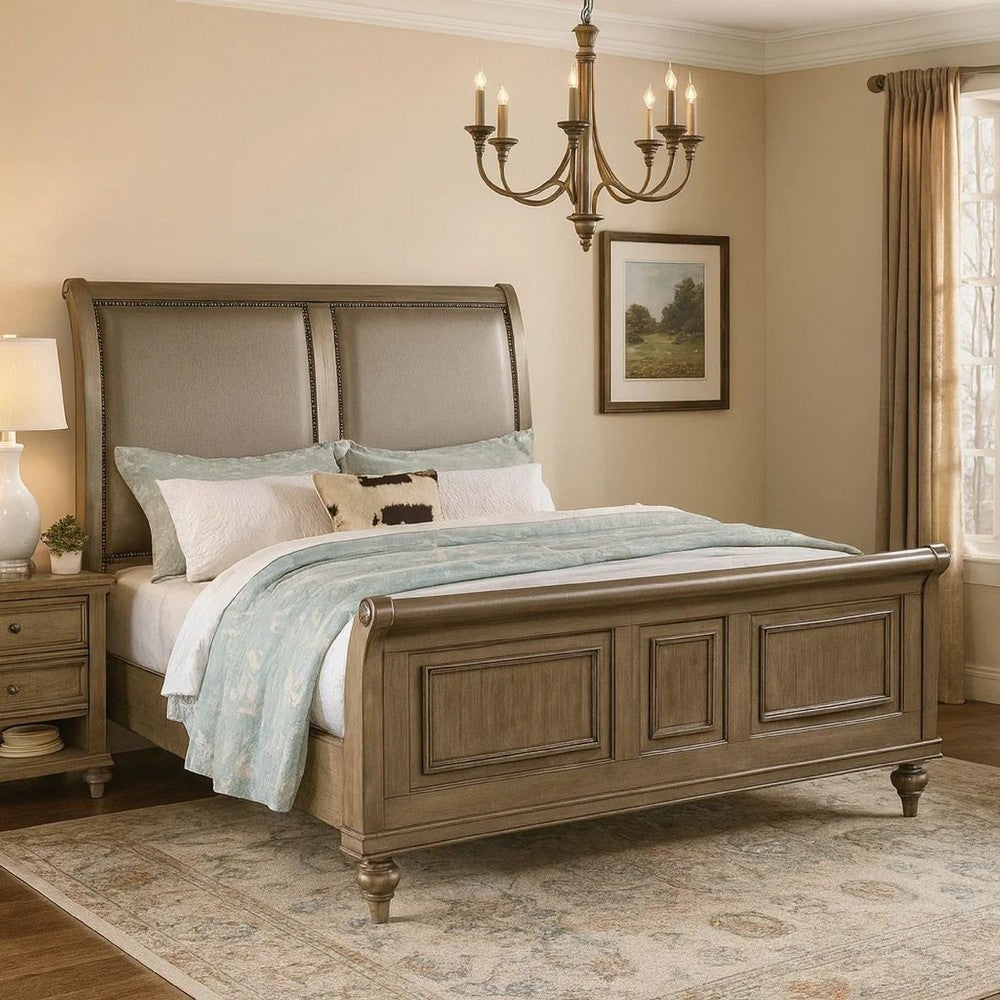 Ella Modern California King Bed, Faux Leather Upholstery, Nailhead, Gold